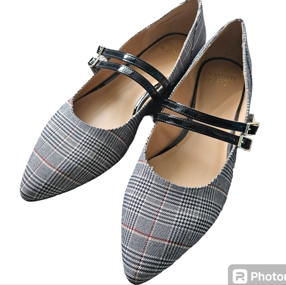 crown & ivy Plaid Pointed Mary Jane Flats in Black, White, Red